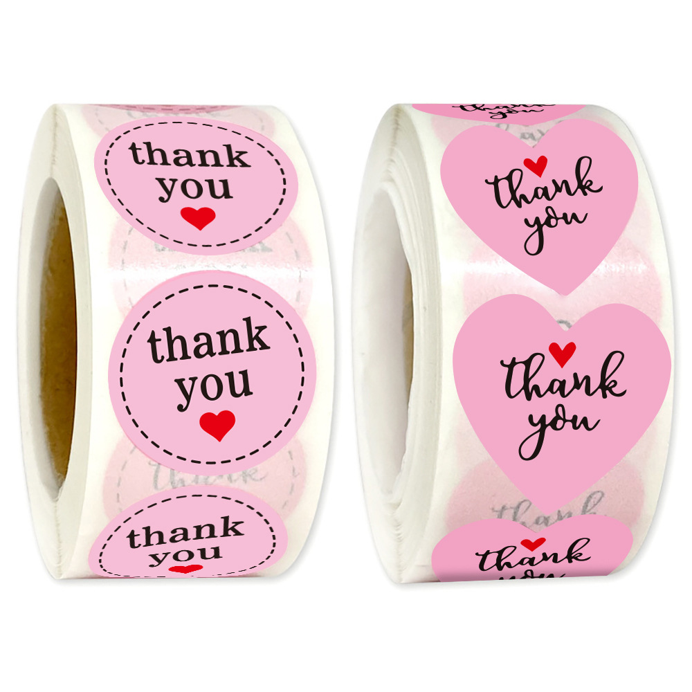 Sticker Label Roll - JCAC 500pcs/roll 핑크 라운드 하트 감사